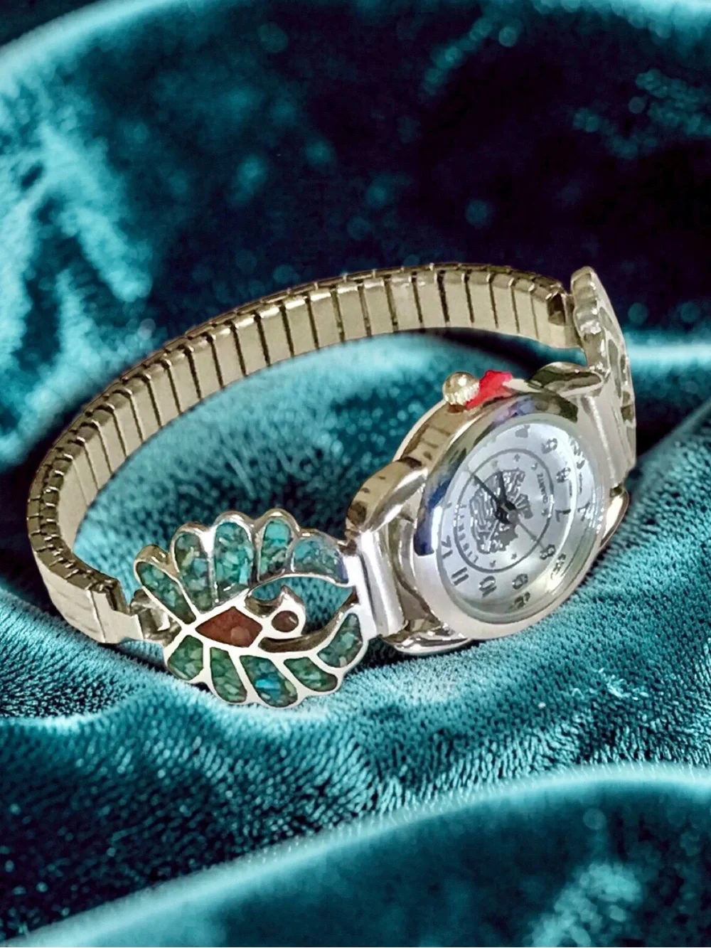 Ladies VTG Silver Navajo Turquoise/Coral Thunderbird Tips New Indian Head Watch